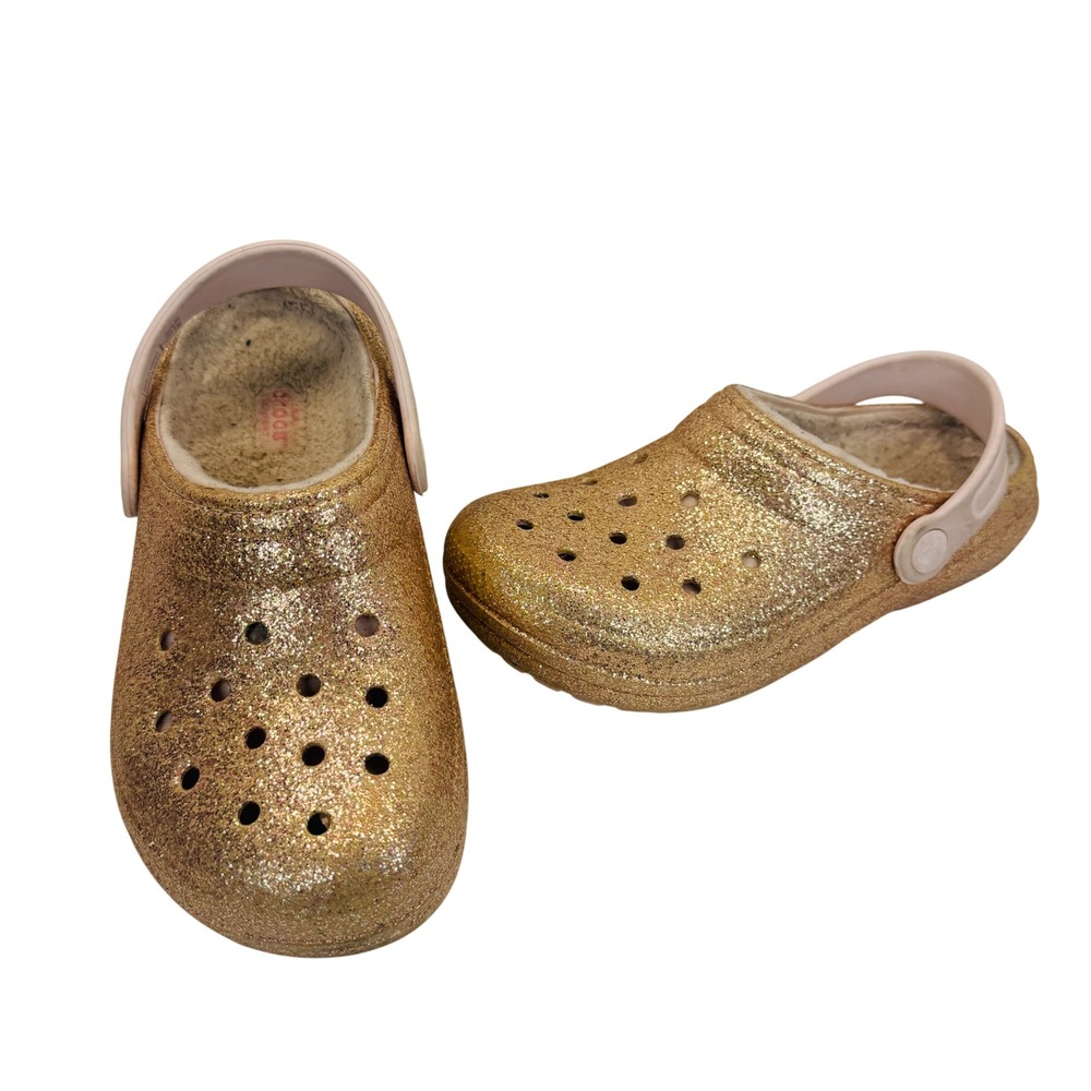 Crocs Kids Classic Lined Gold Glitter Clogs Faux Fur Warm Shoes Size‎ J3 Sherpa